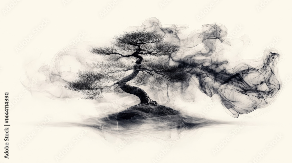 Poster minimalist yet captivating illustration of bonsai tree enveloped swirling smoke, creating serene and