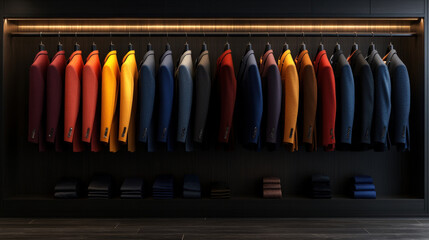 Minimalist scene featuring array of assorted suits in various colors hanging neatly on rack, creating stylish and organized display