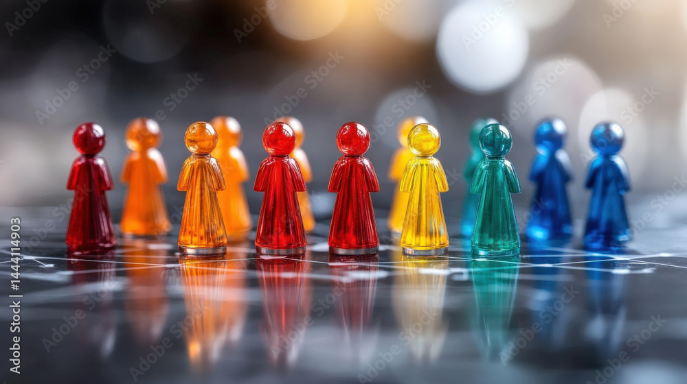 Poster Colorful glass figurines stand in row on reflective surface, creating vibrant and playful scene. bokeh background adds depth and highlights vivid colors of figures