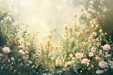 Obraz premium Warm Sunlight Filtering Through a Blooming Garden