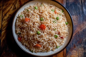 Delicious plate of vegetable fried rice with peas and bell peppers on a wooden table