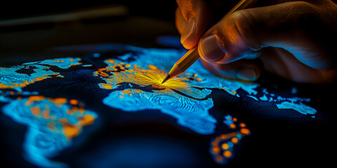 A businessman is creating a growth graph and displaying a global map using advanced holographic data technology,