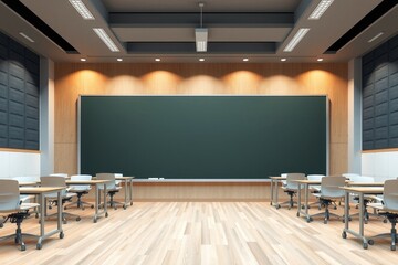 Empty modern school classroom with blackboard