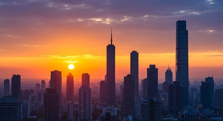 Fototapeta premium A skyline view of a modern city with skyscrapers at sunset.