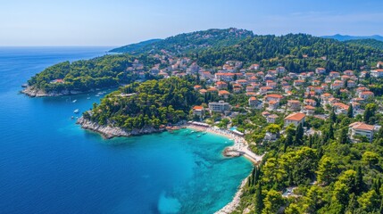 Fototapeta premium Aerial View of Coastal Village with Clear Blue Water and Green Forest in Dubrovnik, Croatia