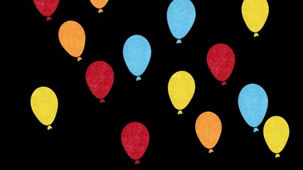 Floating Balloons: Vibrant, textured balloons of various colors float against a dark background, evoking a sense of joy and celebration, perfect for conveying festive cheer. Balloon flying animation.