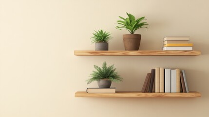 Rustic wooden shelves mounted on a pale beige wall displaying curated collection of potted plants and books for a charming home interior accent design