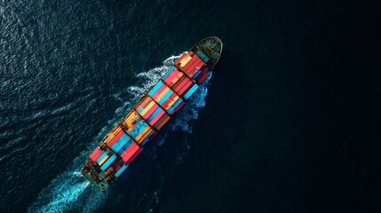 Aerial view of a cargo ship with colorful containers sailing in the open sea