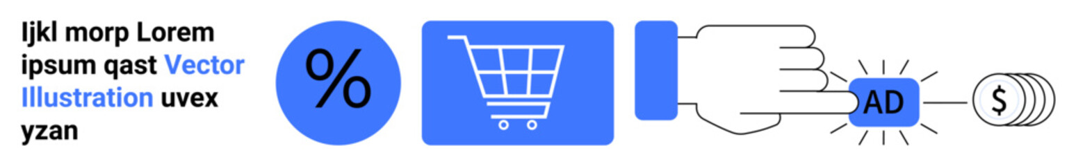 Percentage discount, shopping cart, hand clicking ad button, dollar symbol. Ideal for online marketing, e-commerce, PPC campaigns, sales promotion, digital retail advertising analytics simple
