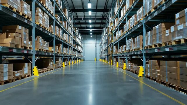 Spacious warehouse with tall metal racks filled with stacked boxes and pallets, featuring bright lighting, wide aisles and an efficient storage system for logistics, shipping and inventory management.