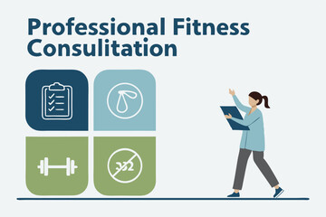 Design a flat icon banner for professional fitness consultations, emphasizing health, wellness, and personalized training.  Include imagery suggesting consultation and fitness.