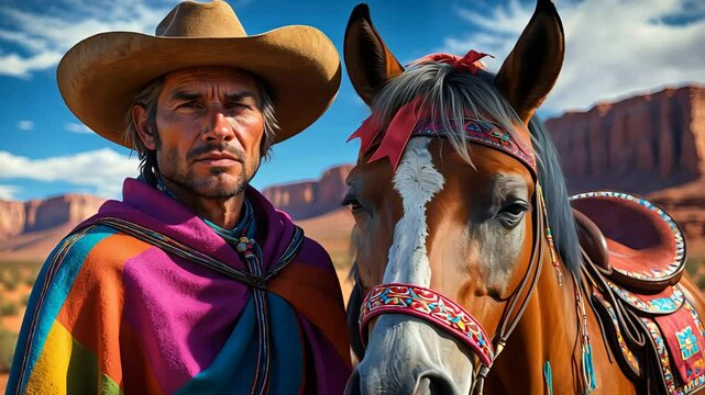 Cowboy in traditional poncho standing with decorated horse in desert canyon