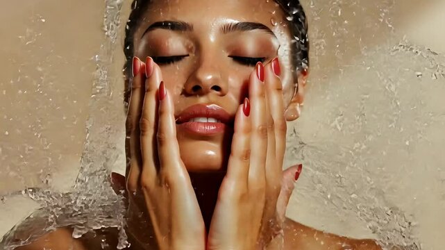 Woman washing her face under stream of water with neutral background lighting