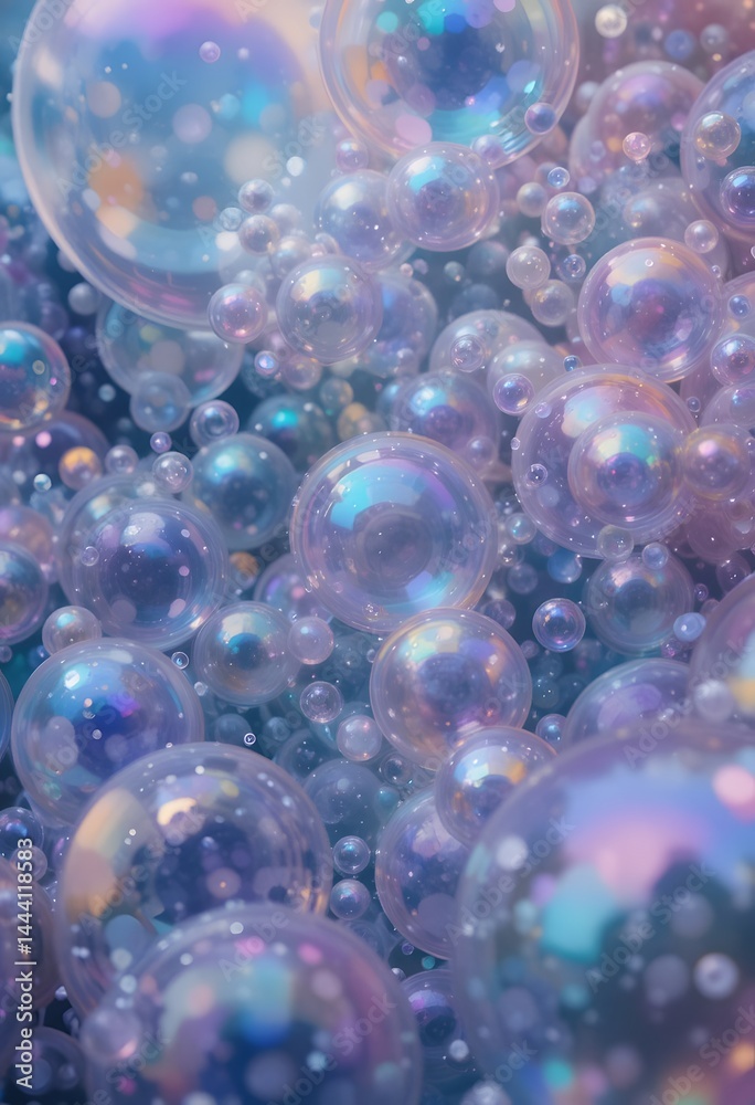 Poster Iridescent Soap Bubbles. Delicate Spherical Forms. Macro Photography Reveals Colorful Reflections. Captivating Beauty In Simple Things.