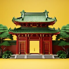an AI Image Generator, Traditional Chinese Temple with Green Roof