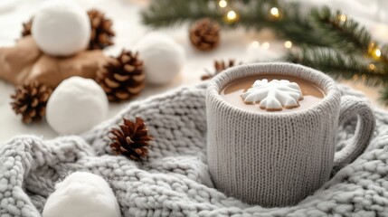 Fototapeta premium Cozy hot chocolate mug topped with a snowflake-shaped hmallow on a knit sweater surrounded by pine cones and hmallows with soft blanket twinkling