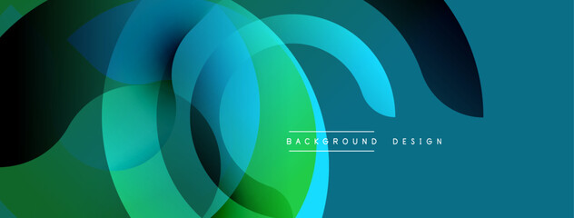 Abstract fluid shapes, vibrant blues, greens create dynamic composition. Modern design, smooth gradients, flowing forms.