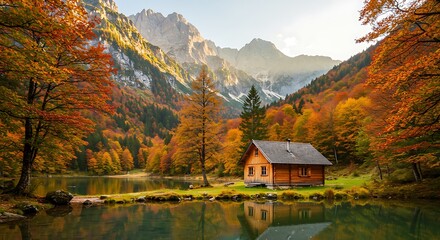 Fototapeta premium A small wooden cabin by a mountain lake in autumn