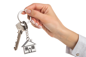 hand holding house keys with keychain isolated on white background PNG