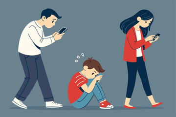 A young child sits alone, visibly upset, while their parents are engrossed in their smartphones, ignoring their child's emotional needs.  Illustrate parental neglect due to phone addiction.