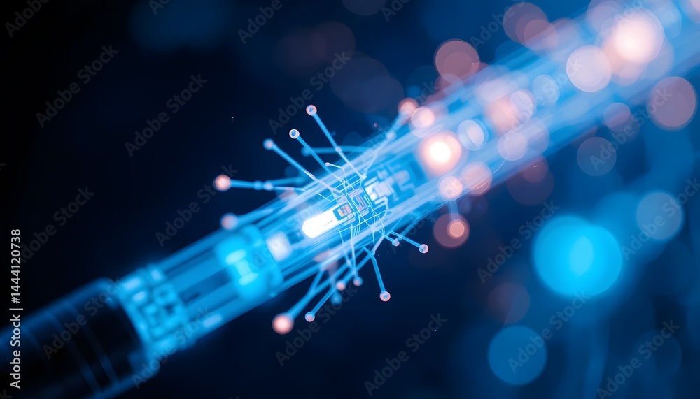 Aufkleber fiber optic cable close-up, glowing tips show technology innovation. data transfer is visible with b