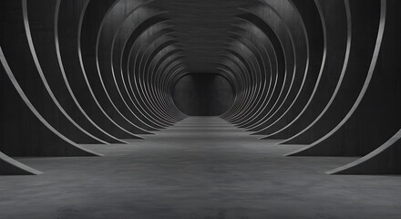 Obraz premium Abstract empty, modern concrete room with indirect lighting from back with rows of bend walls on the sides and rough floor