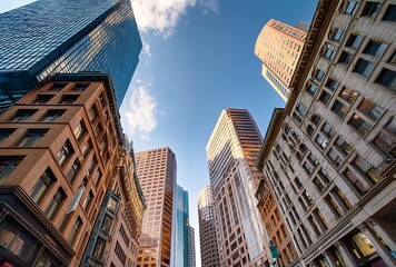 Fototapeta premium Low-angle view of downtown Boston skyscrapers under blue sky, urban architecture and cityscape