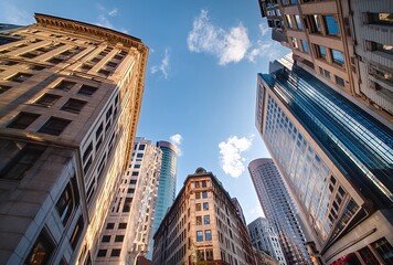 Fototapeta premium Low-angle view of downtown Boston skyscrapers under blue sky, urban architecture and cityscape
