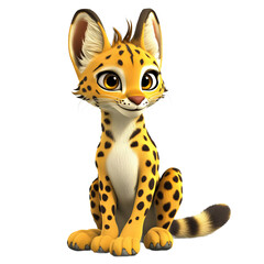 Digitally rendered, animated, cartoon depiction of a cheerful spotted feline. The character is portrayed in a sitting position and features bright colors.