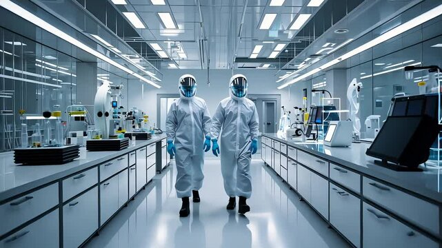 Scientists in full protective suits walking in sterile modern laboratory cleanroom