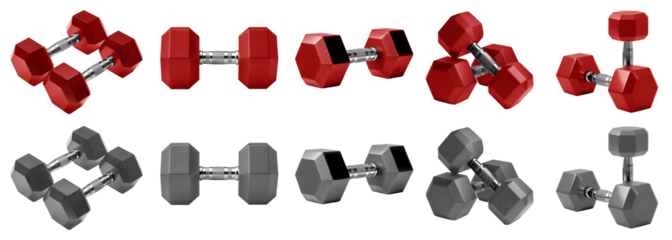 2 collection set of grey gray red maroon fitness sports training workout dumbbells weights, many view angle isolated on transparent cutout PNG. Mockup template for artwork	
