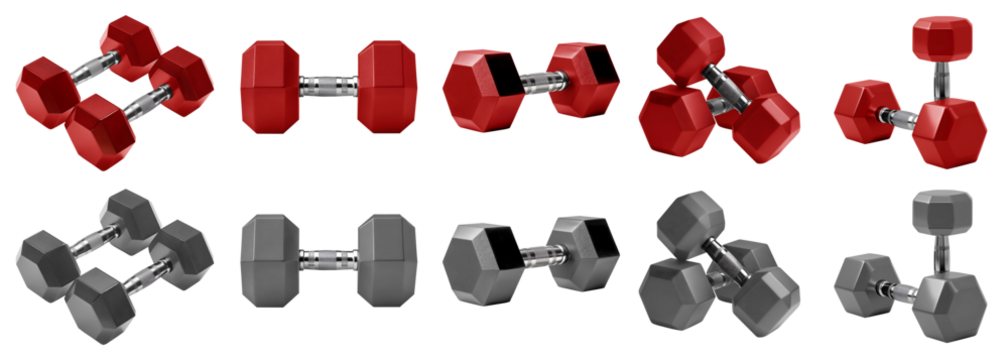 2 collection set of grey gray red maroon fitness sports training workout dumbbells weights, many view angle isolated on transparent cutout PNG. Mockup template for artwork	
