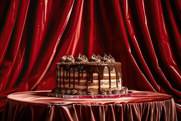 A large round Chocolate peanut butter cake with chocolate drizzle, placed on a table under red velvet curtains. Muted bronze background, dramatic lighting with strong shadows and highlights.