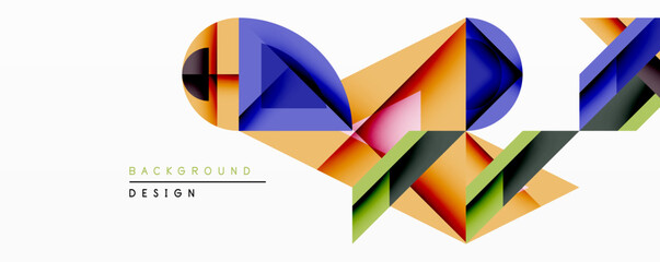 Fototapeta premium Abstract geometric composition. Bright shapes overlap, creating dynamic visual flow. Orange, blue, green hues dominate design. Modern style, clean lines present.