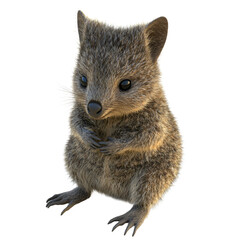 Fototapeta premium Digital rendering of a small, furry marsupial, likely a joey, sitting upright and facing the viewer. The image is highly detailed, focusing on its soft fur and expressive eyes.