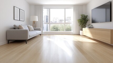 Modern minimalist living room with hardwood floors, large window, and light color palette