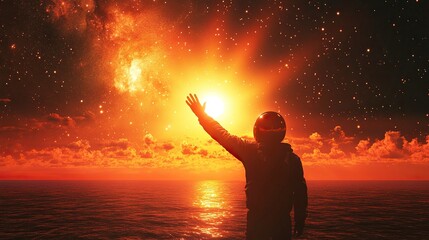 Naklejka premium An astronaut in space, waving to Earth with the sun and stars behind him. High resolution photo realistic portrait. 