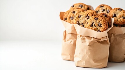 Chocolate chip cookies in brown paper bags