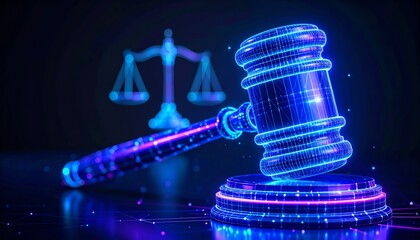 A glowing digital gavel and scales of justice symbolize technology's impact on law and legal systems.
