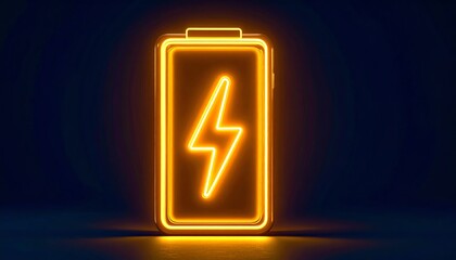 Glowing neon battery icon with a lightning bolt symbol on a dark background, representing energy and power.