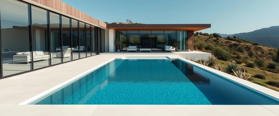 Fototapeta premium Sleek modern villa, glass walls, infinity pool, minimalist landscaping, house, architectural design