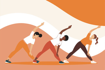 Design a vibrant web header showcasing diverse individuals engaging in various stretching and mobility exercises, promoting flexibility and well-being.