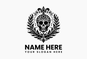 Monochrome Decorative Skull Illustration. Minimalist Cultural Art