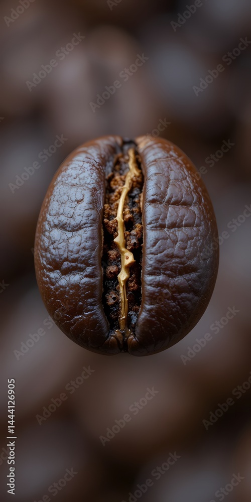 Poster Coffee Bean Close-up, A Captivating Macro Image Showcasing Its Rich Texture And Intricate Ridges. A Perfect Visual For Coffee Lovers. Experience The Beauty Of The Bean.