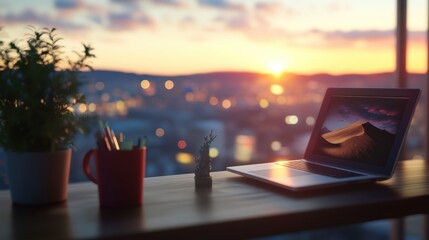 A laptop showing a desert landscape on a wooden desk with city sunset, potted plants, colored pencils, and a small statue creating a serene workspace