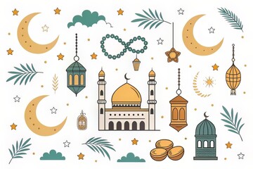 Naklejka premium Ramadan Kareem illustration set with mosque, lanterns, and crescent moons