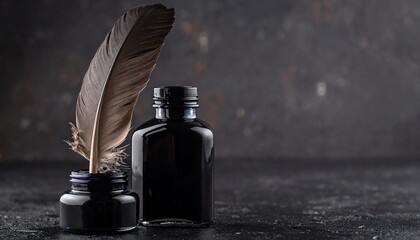 A feather quill and ink bottles on a dark textured surface, evoking a vintage, classic writing atmosphere.