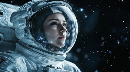Astronaut woman in space contemplative portrait deep space exploration galactic journey art suit hope
