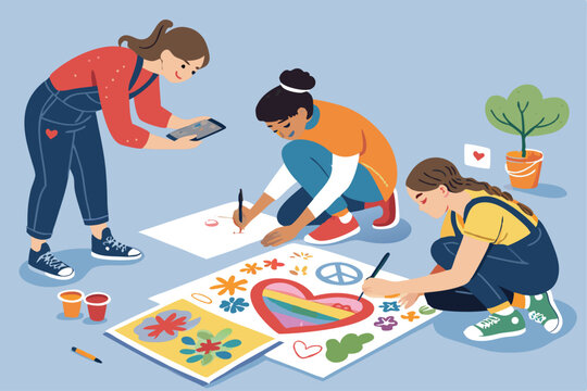 Teen volunteers collaboratively design vibrant posters and artwork for a community outreach program.  Focus on teamwork and creative expression.