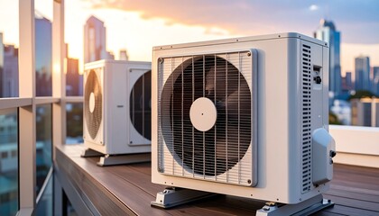 Rooftop air conditioning units with a city skyline in the background at sunset.